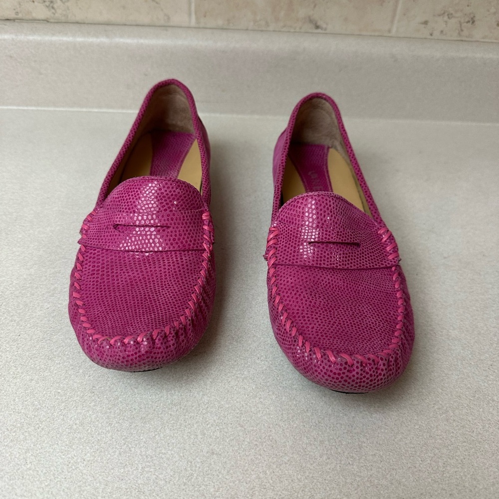 Hot pink faux snakeskin loafers